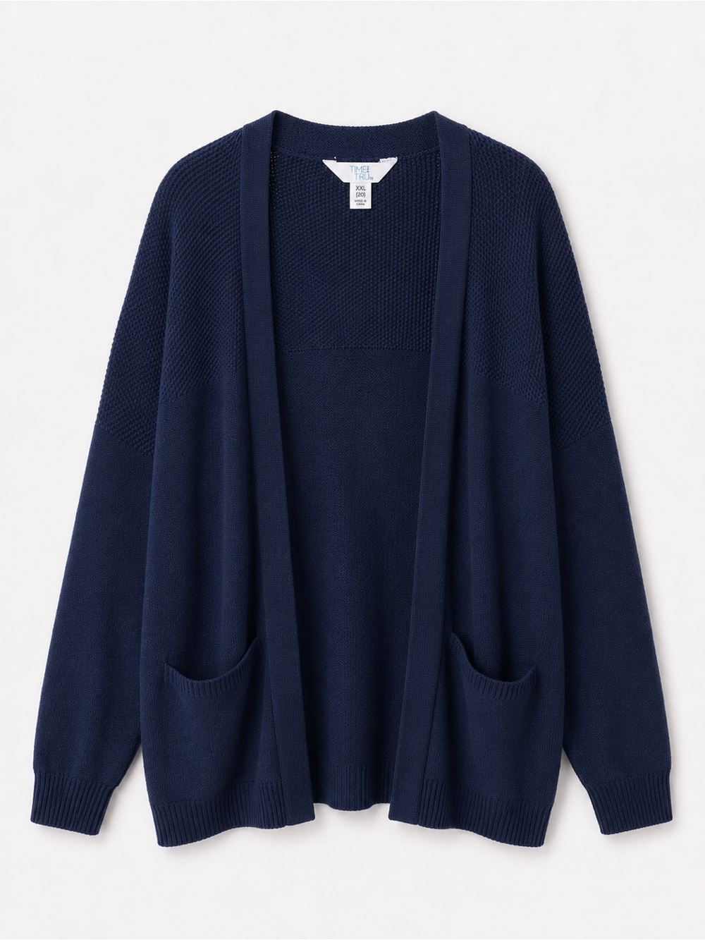Time and Tru Navy Open-Front Pocket Cardigan